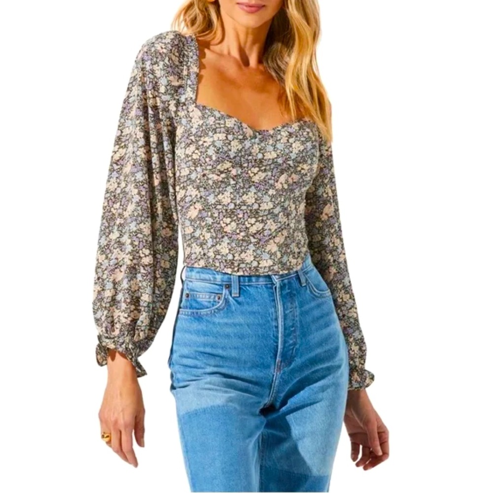 ASTR The Label Floral Print Cropped Corset Top M Smocked Back Puff Shoulders